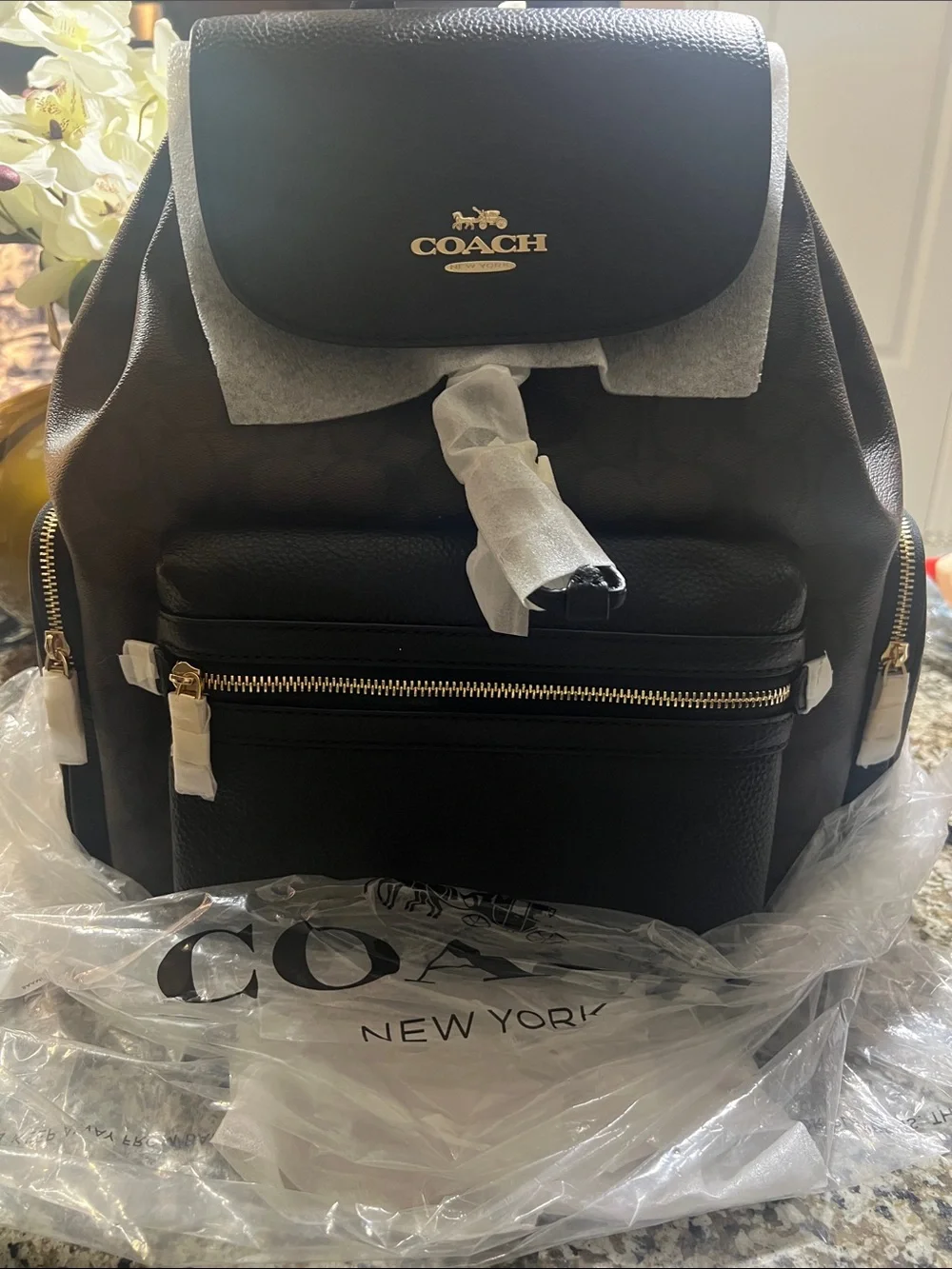 Coach walnut black Leather Logo Backpack with Gold Accents( signature canvas.